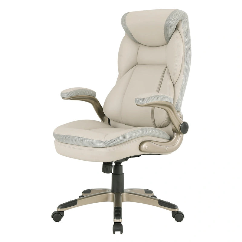 Fauteuil de bureau de direction en cuir reconstitué avec soutien lombaire, inclinaison verrouillable et accoudoirs relevables – Taupe / Noir / Anthracite, pour 1 personne