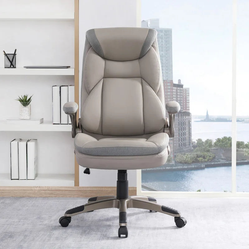 Fauteuil de bureau de direction en cuir reconstitué avec soutien lombaire, inclinaison verrouillable et accoudoirs relevables – Taupe / Noir / Anthracite, pour 1 personne