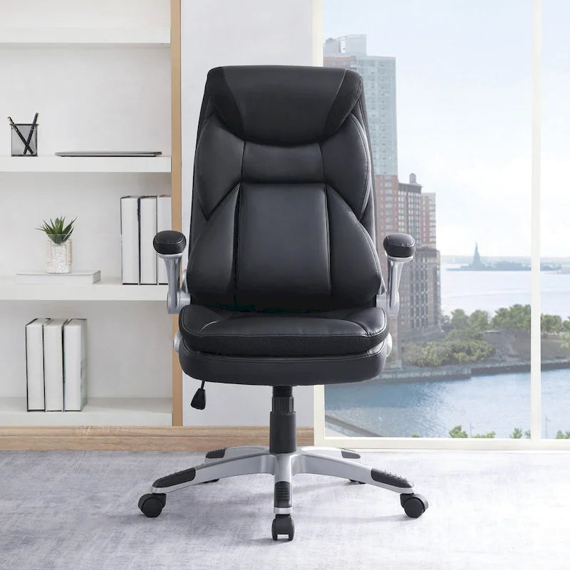 Fauteuil de bureau de direction en cuir reconstitué avec soutien lombaire, inclinaison verrouillable et accoudoirs relevables – Taupe / Noir / Anthracite, pour 1 personne
