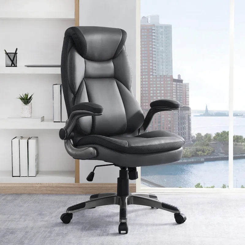 Fauteuil de bureau de direction en cuir reconstitué avec soutien lombaire, inclinaison verrouillable et accoudoirs relevables – Taupe / Noir / Anthracite, pour 1 personne