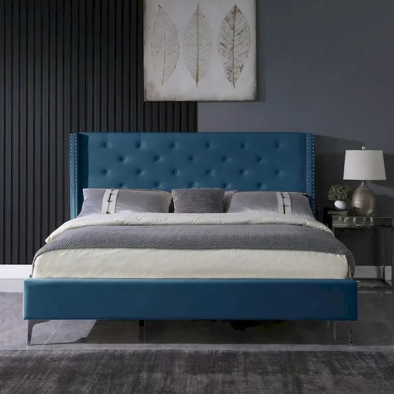 Cadre de lit plateforme capitonné en velours noir / bleu / gris / beige – California King, 2 personnes