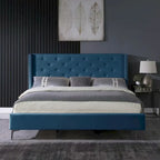 Cadre de lit plateforme capitonné en velours noir / bleu / gris / beige – California King, 2 personnes