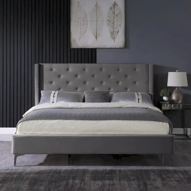 Black / Blue / Grey / Beige Velvet Button-Tufted Platform Bed Frame – California King, 2-Person