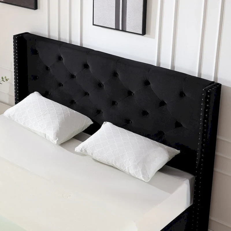 Cadre de lit plateforme capitonné en velours noir / bleu / gris / beige – California King, 2 personnes