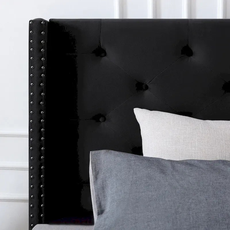 Cadre de lit plateforme capitonné en velours noir / bleu / gris / beige – California King, 2 personnes