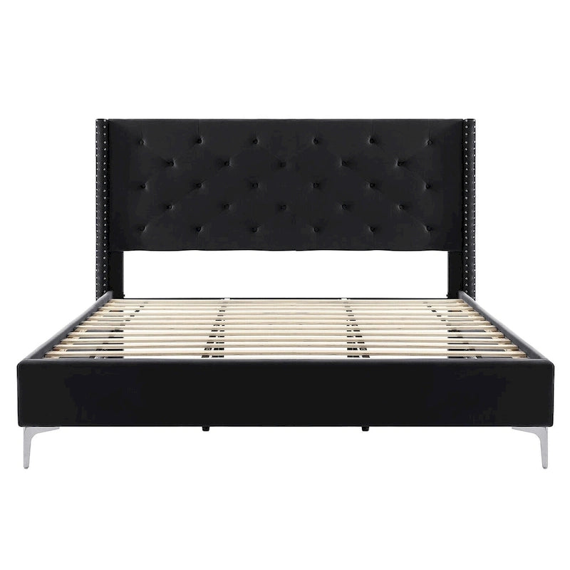 Cadre de lit plateforme capitonné en velours noir / bleu / gris / beige – California King, 2 personnes