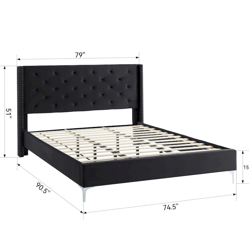 Cadre de lit plateforme capitonné en velours noir / bleu / gris / beige – California King, 2 personnes