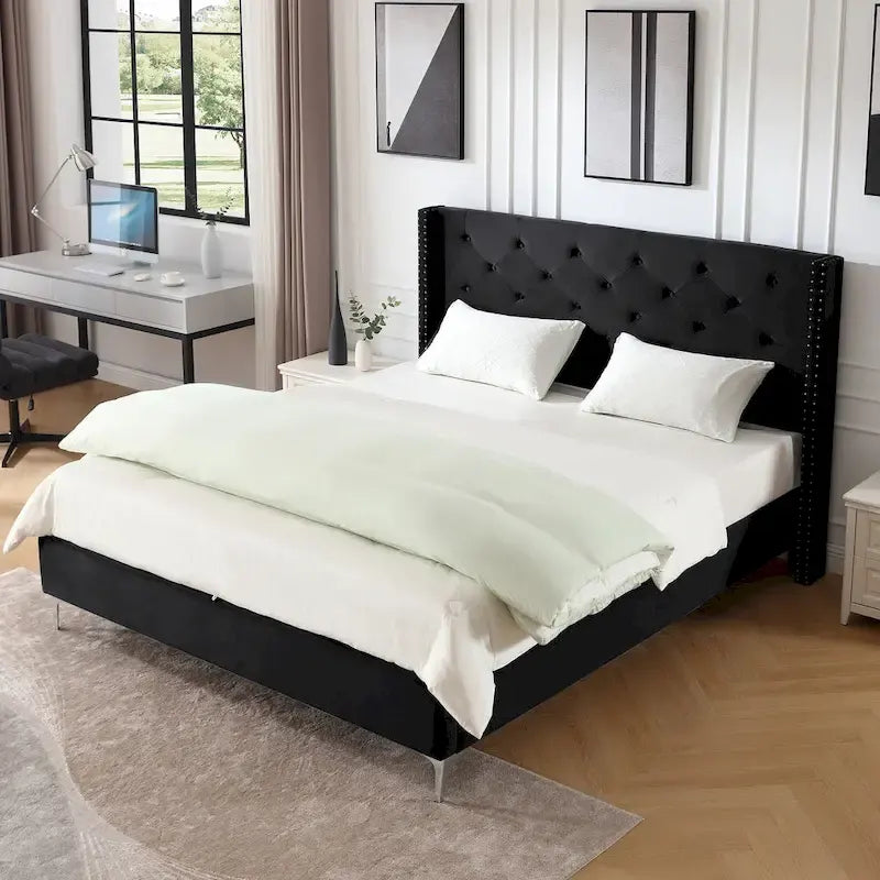 Cadre de lit plateforme capitonné en velours noir / bleu / gris / beige – California King, 2 personnes
