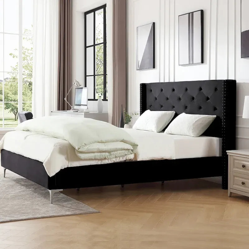 Cadre de lit plateforme capitonné en velours noir / bleu / gris / beige – California King, 2 personnes