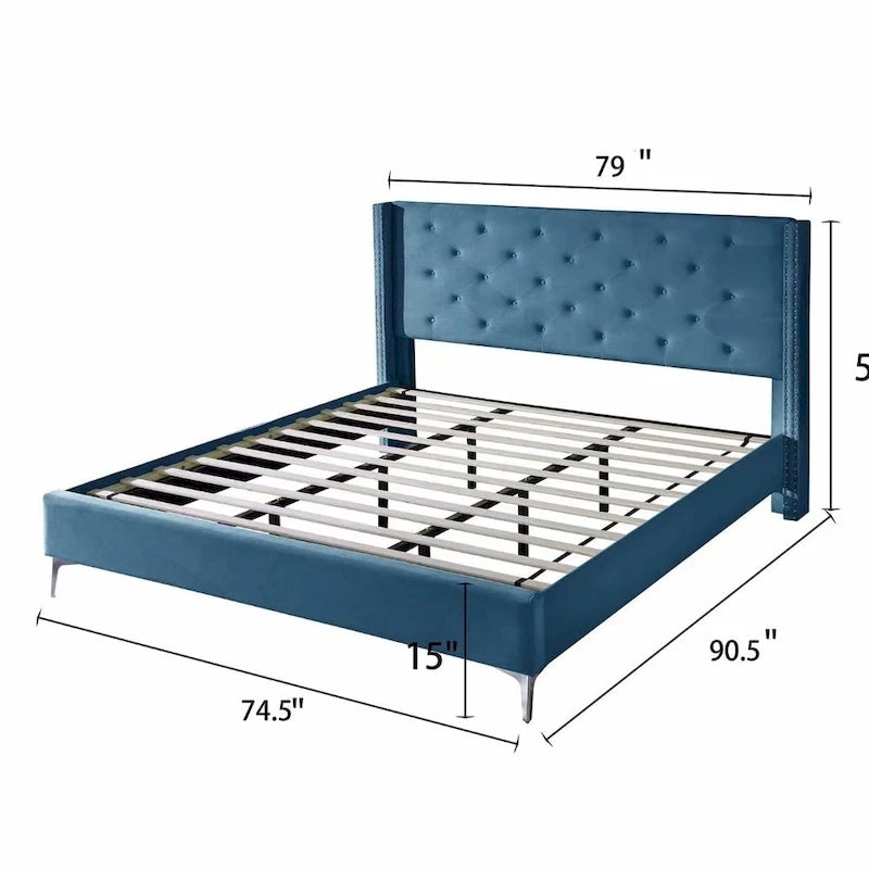 Cadre de lit plateforme capitonné en velours noir / bleu / gris / beige – California King, 2 personnes