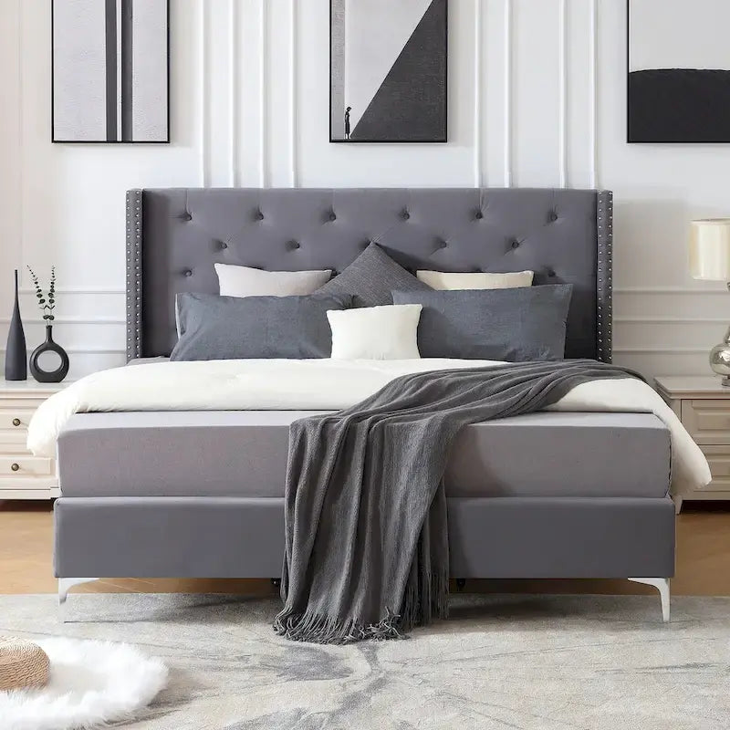 Cadre de lit plateforme capitonné en velours noir / bleu / gris / beige – California King, 2 personnes