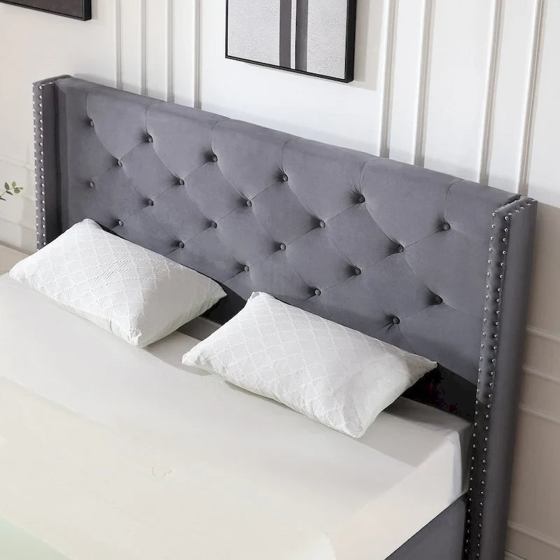 Cadre de lit plateforme capitonné en velours noir / bleu / gris / beige – California King, 2 personnes