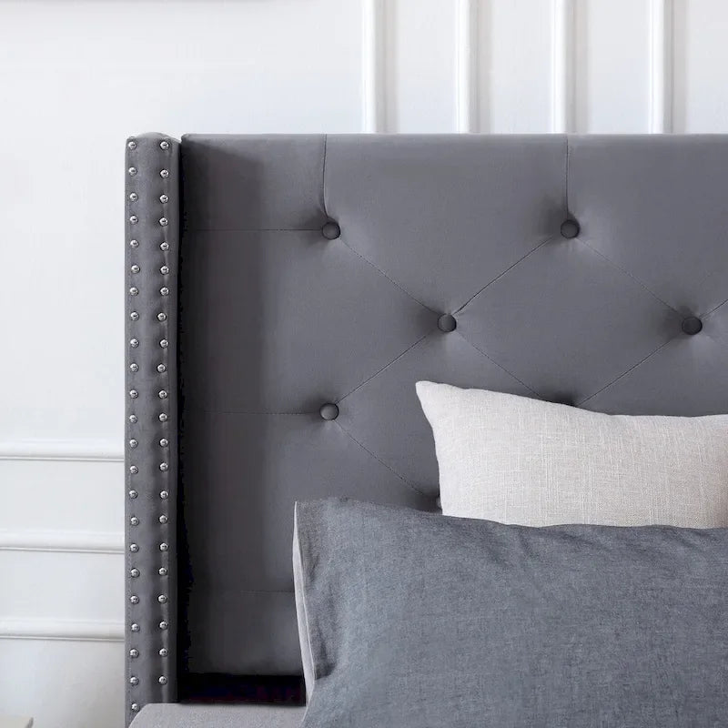 Cadre de lit plateforme capitonné en velours noir / bleu / gris / beige – California King, 2 personnes