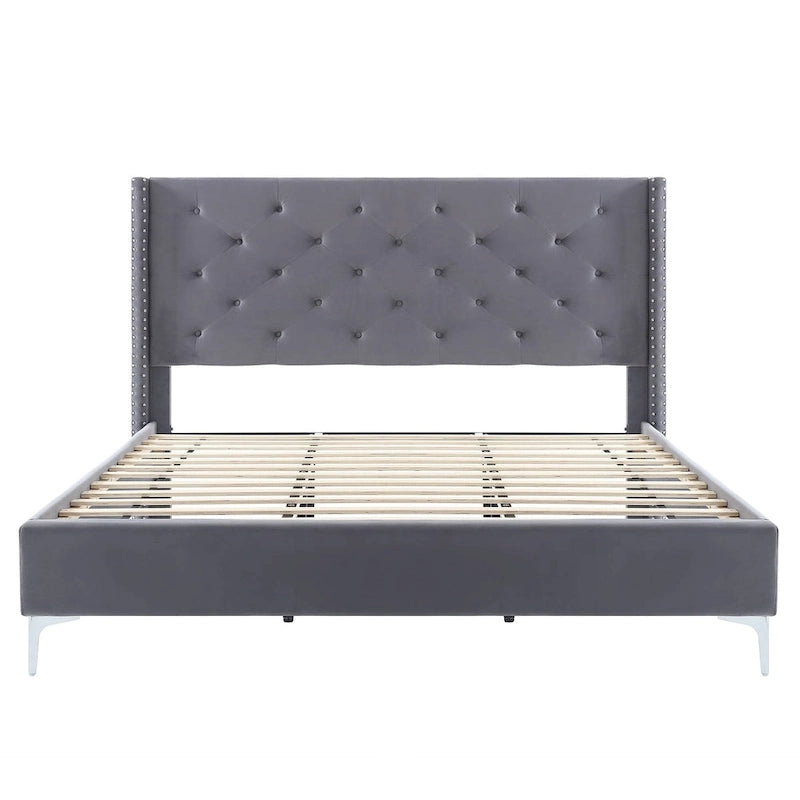 Cadre de lit plateforme capitonné en velours noir / bleu / gris / beige – California King, 2 personnes