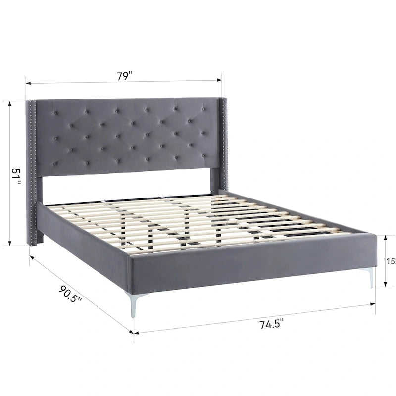 Cadre de lit plateforme capitonné en velours noir / bleu / gris / beige – California King, 2 personnes