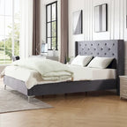 Cadre de lit plateforme capitonné en velours noir / bleu / gris / beige – California King, 2 personnes
