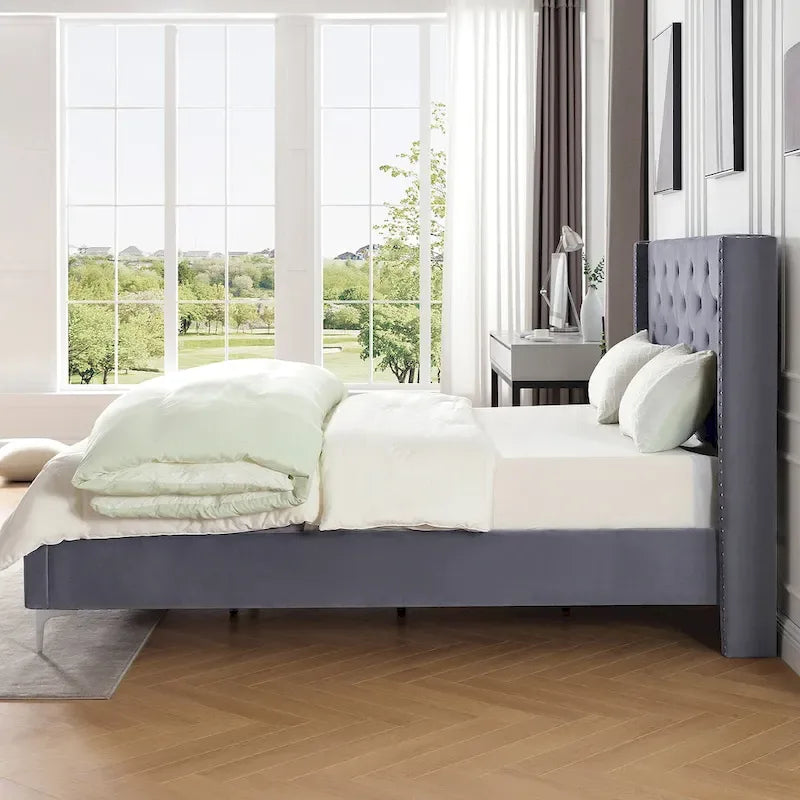 Cadre de lit plateforme capitonné en velours noir / bleu / gris / beige – California King, 2 personnes