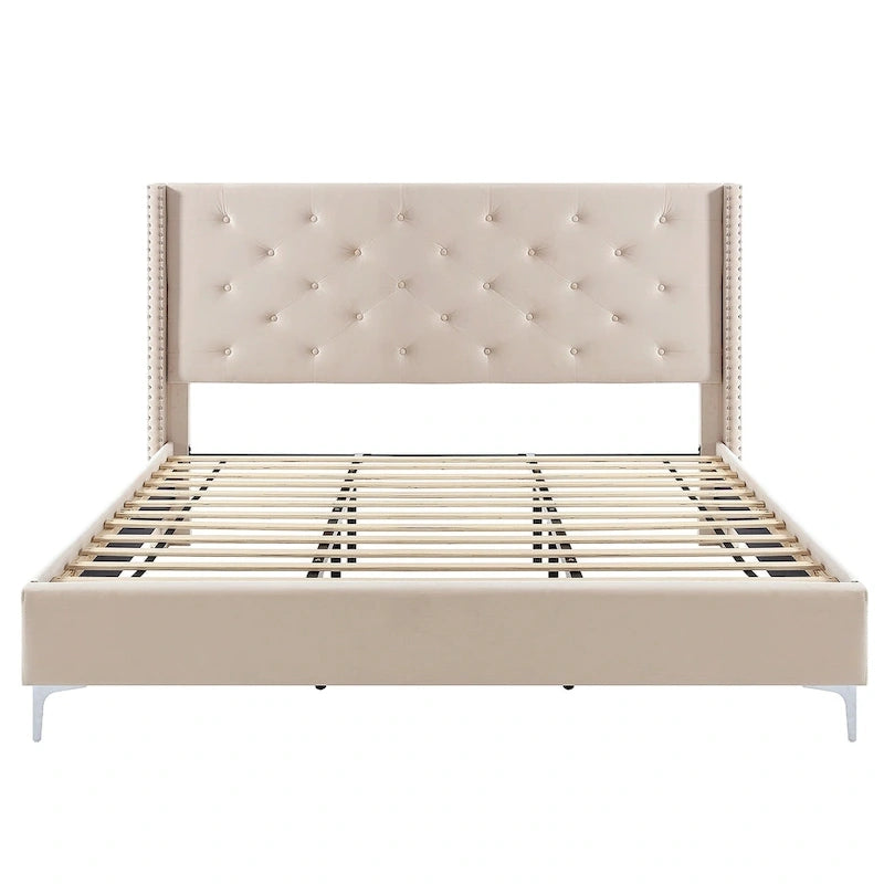 Cadre de lit plateforme capitonné en velours noir / bleu / gris / beige – California King, 2 personnes