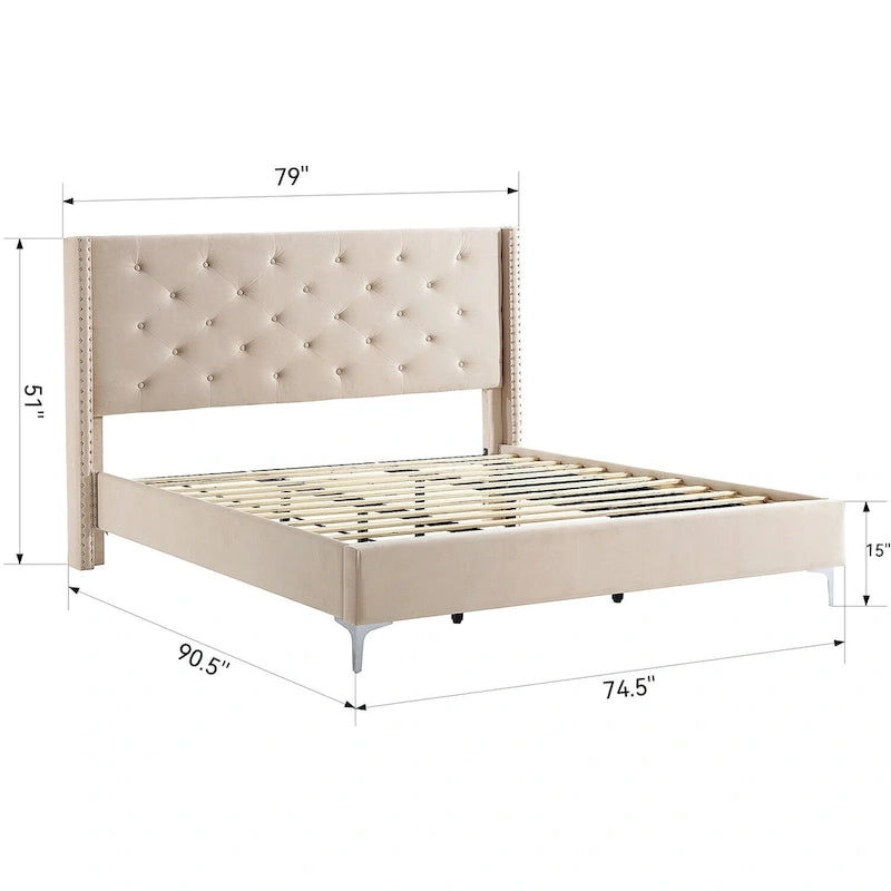 Cadre de lit plateforme capitonné en velours noir / bleu / gris / beige – California King, 2 personnes
