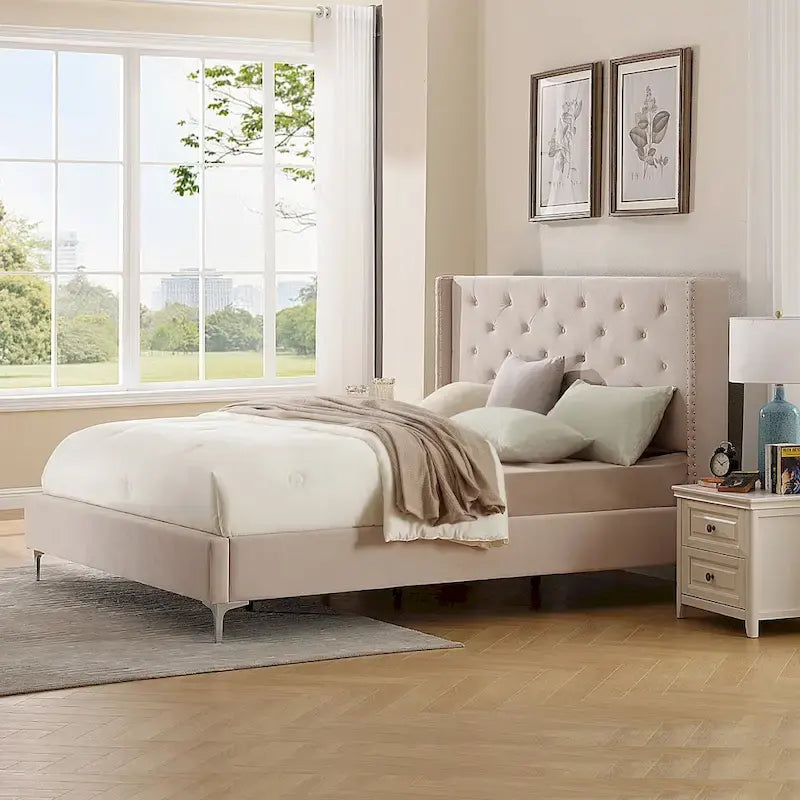 Cadre de lit plateforme capitonné en velours noir / bleu / gris / beige – California King, 2 personnes