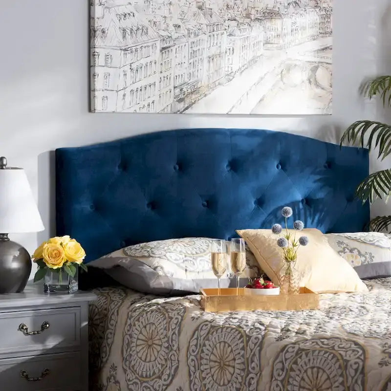 Navy Blue Arched Velvet Button-Tufted Headboard – Full / Queen / King