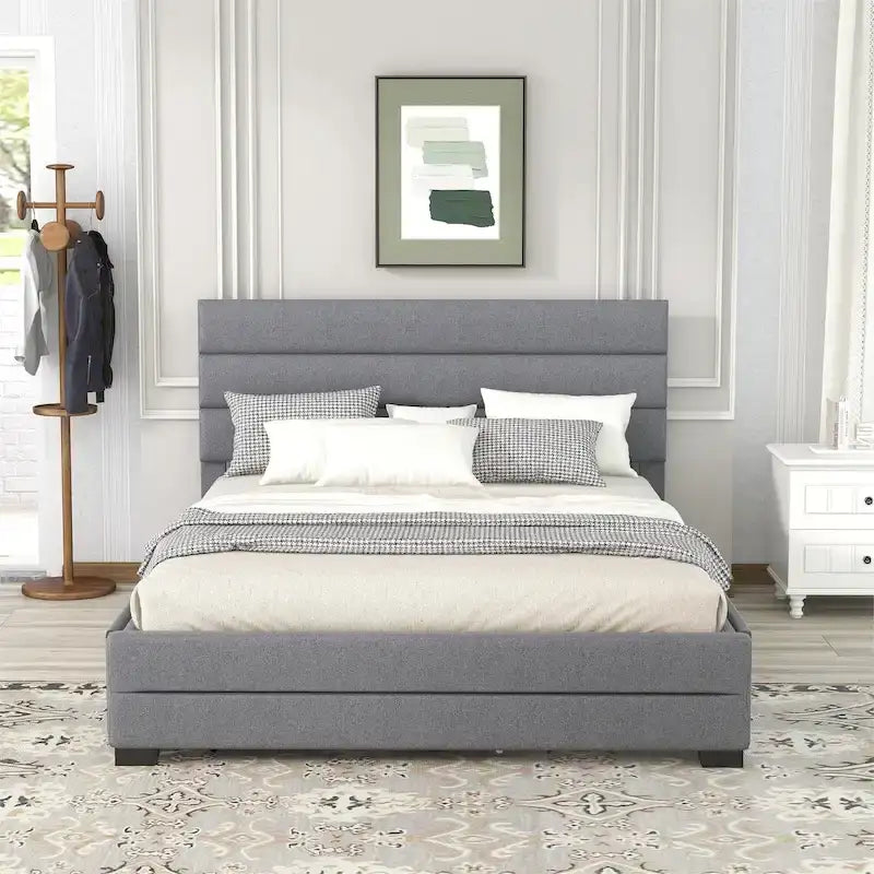 Full / Queen Upholstered Platform Bed with Pull-Out Trundle and Tufted Headboard – Beige / Grey, for 2 People