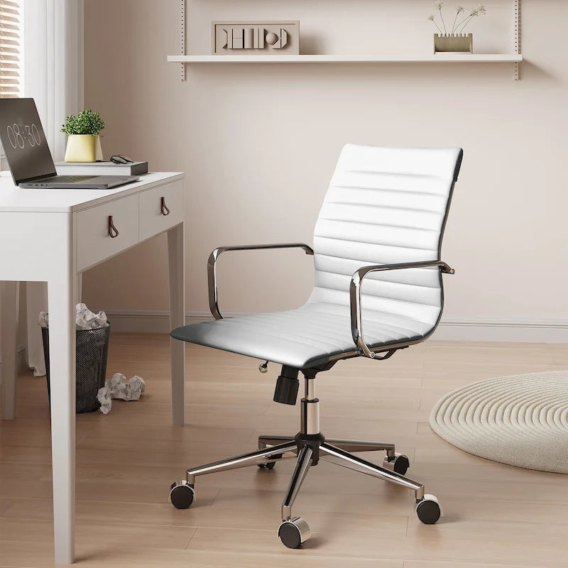 Chaise de bureau en similicuir côtelé avec structure chromée, accoudoirs en L et piètement pivotant – Gris / Blanc / Terre cuite / Vert / Marron / Noir / Bleu marine / Doré et bleu marine / Doré et noir / Doré et blanc, pour 1 personne