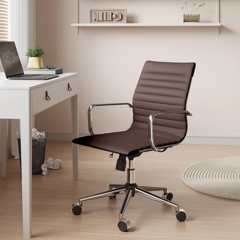 Chaise de bureau en similicuir côtelé avec structure chromée, accoudoirs en L et piètement pivotant – Gris / Blanc / Terre cuite / Vert / Marron / Noir / Bleu marine / Doré et bleu marine / Doré et noir / Doré et blanc, pour 1 personne