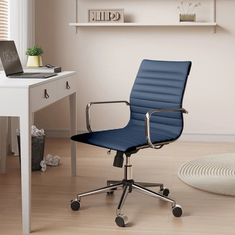 Chaise de bureau en similicuir côtelé avec structure chromée, accoudoirs en L et piètement pivotant – Gris / Blanc / Terre cuite / Vert / Marron / Noir / Bleu marine / Doré et bleu marine / Doré et noir / Doré et blanc, pour 1 personne