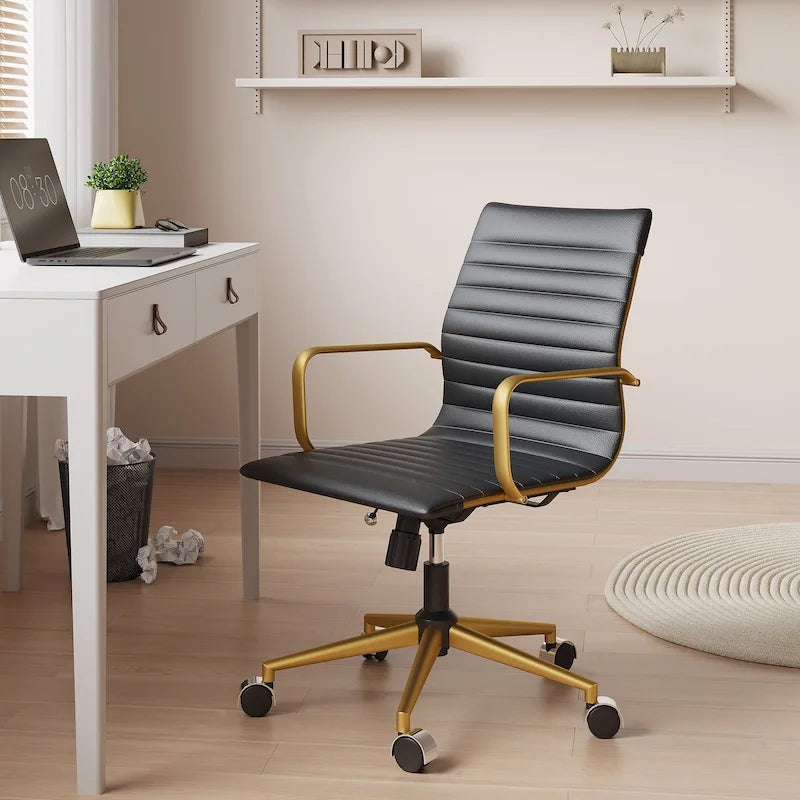 Chaise de bureau en similicuir côtelé avec structure chromée, accoudoirs en L et piètement pivotant – Gris / Blanc / Terre cuite / Vert / Marron / Noir / Bleu marine / Doré et bleu marine / Doré et noir / Doré et blanc, pour 1 personne