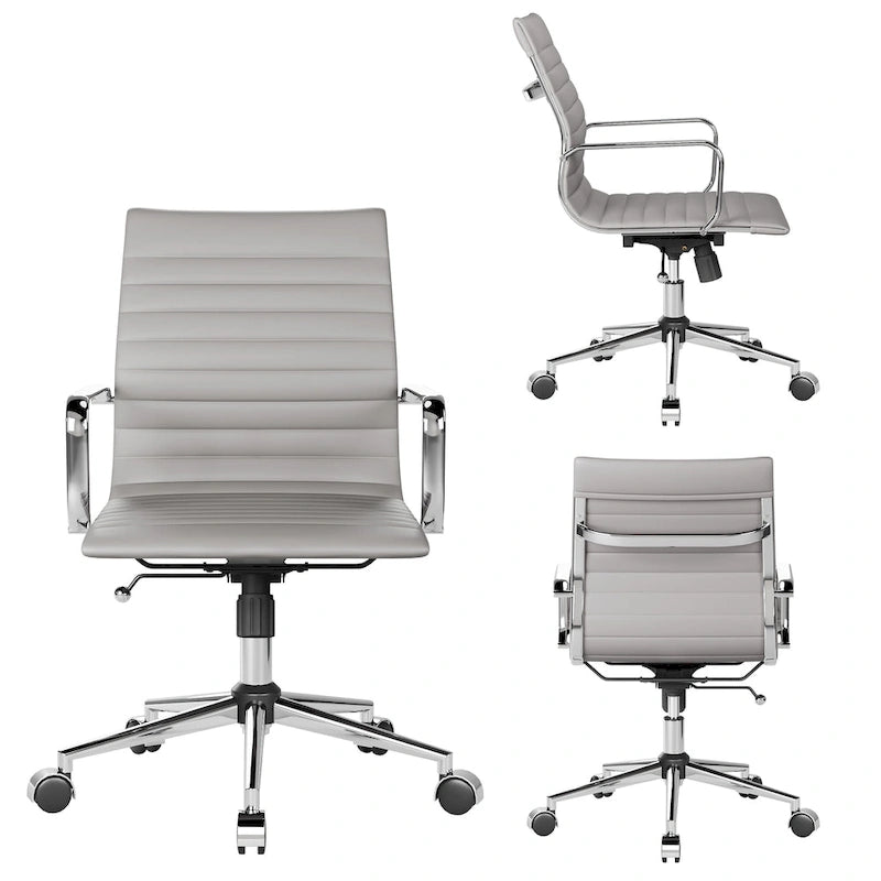 Chaise de bureau en similicuir côtelé avec structure chromée, accoudoirs en L et piètement pivotant – Gris / Blanc / Terre cuite / Vert / Marron / Noir / Bleu marine / Doré et bleu marine / Doré et noir / Doré et blanc, pour 1 personne