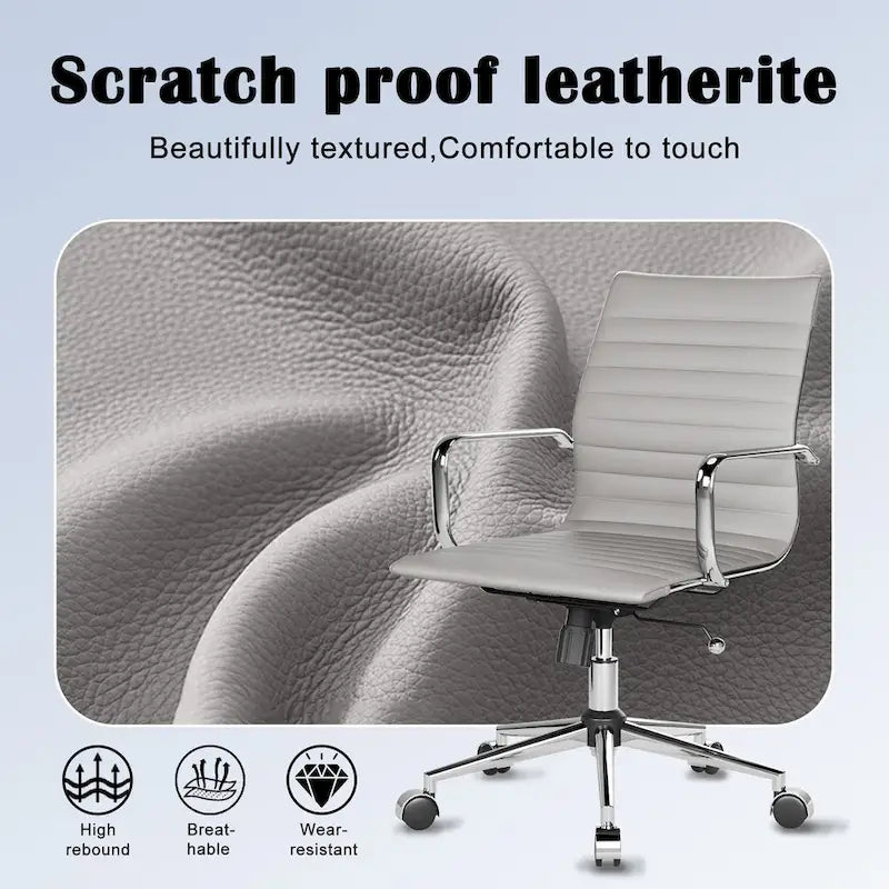 Chaise de bureau en similicuir côtelé avec structure chromée, accoudoirs en L et piètement pivotant – Gris / Blanc / Terre cuite / Vert / Marron / Noir / Bleu marine / Doré et bleu marine / Doré et noir / Doré et blanc, pour 1 personne