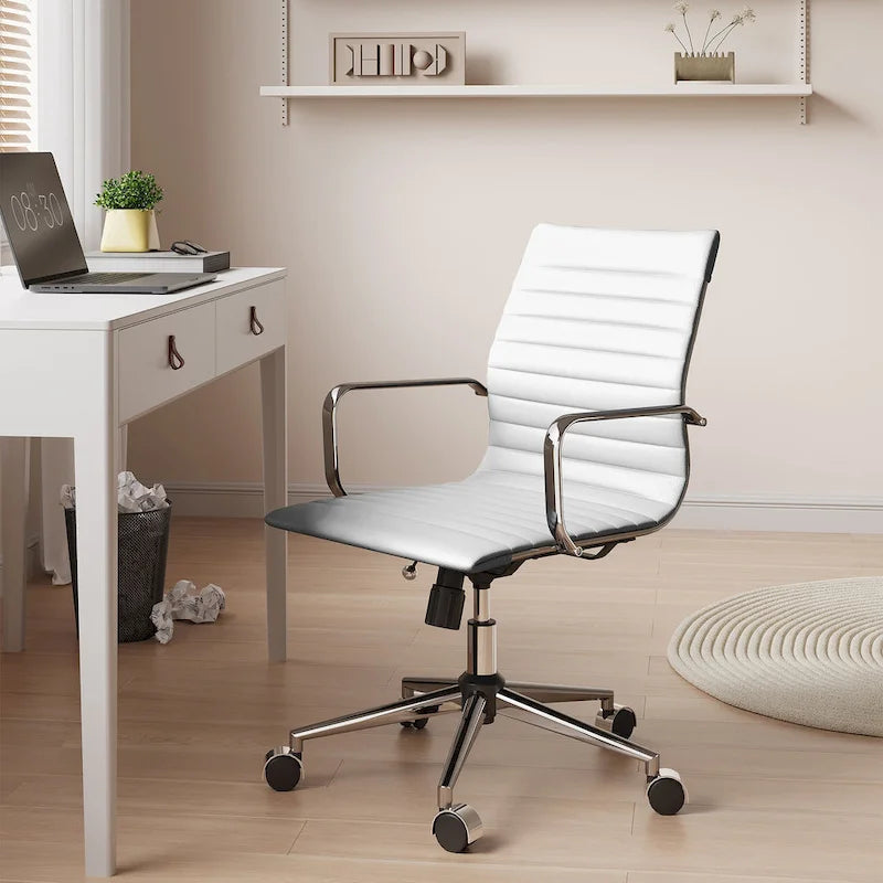 Chaise de bureau en similicuir côtelé avec structure chromée, accoudoirs en L et piètement pivotant – Gris / Blanc / Terre cuite / Vert / Marron / Noir / Bleu marine / Doré et bleu marine / Doré et noir / Doré et blanc, pour 1 personne