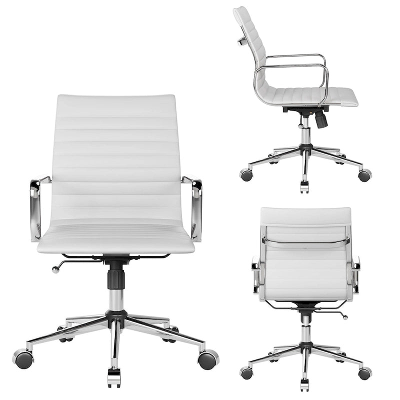 Chaise de bureau en similicuir côtelé avec structure chromée, accoudoirs en L et piètement pivotant – Gris / Blanc / Terre cuite / Vert / Marron / Noir / Bleu marine / Doré et bleu marine / Doré et noir / Doré et blanc, pour 1 personne