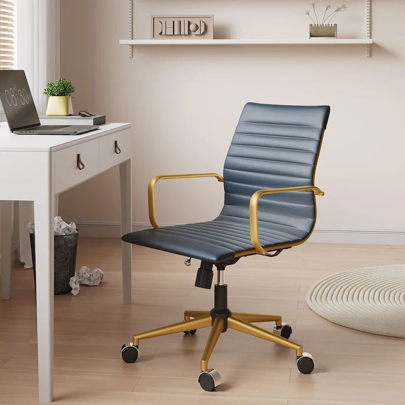 Chaise de bureau en similicuir côtelé avec structure chromée, accoudoirs en L et piètement pivotant – Gris / Blanc / Terre cuite / Vert / Marron / Noir / Bleu marine / Doré et bleu marine / Doré et noir / Doré et blanc, pour 1 personne