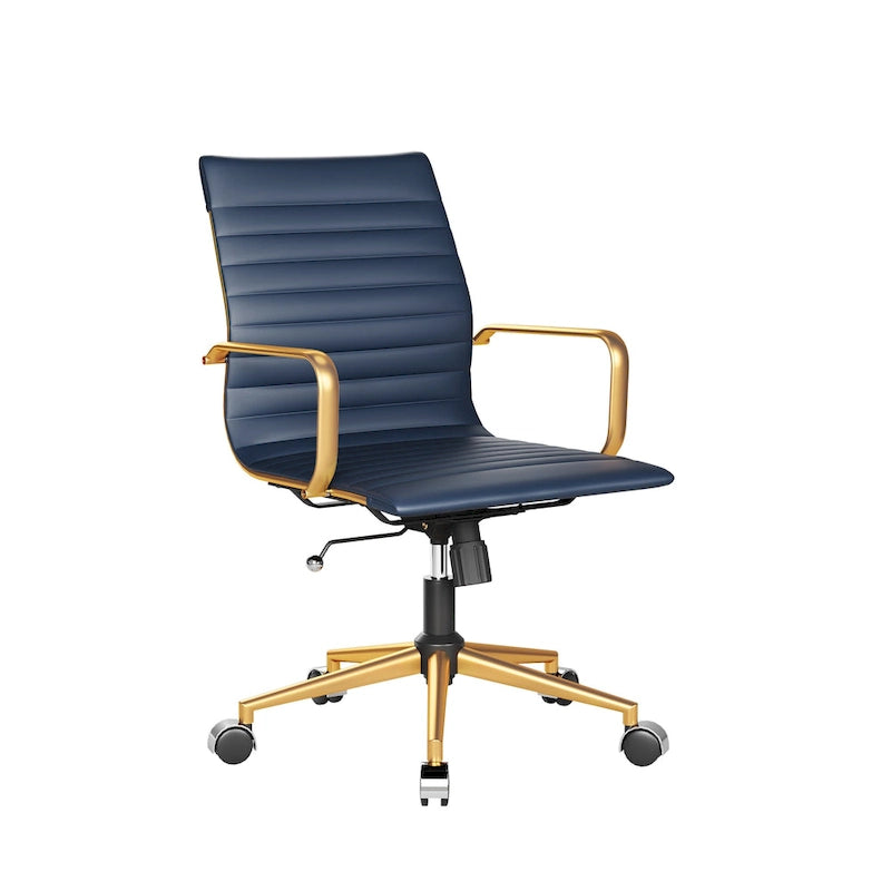 Chaise de bureau en similicuir côtelé avec structure chromée, accoudoirs en L et piètement pivotant – Gris / Blanc / Terre cuite / Vert / Marron / Noir / Bleu marine / Doré et bleu marine / Doré et noir / Doré et blanc, pour 1 personne