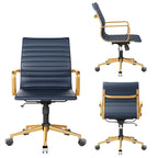 Chaise de bureau en similicuir côtelé avec structure chromée, accoudoirs en L et piètement pivotant – Gris / Blanc / Terre cuite / Vert / Marron / Noir / Bleu marine / Doré et bleu marine / Doré et noir / Doré et blanc, pour 1 personne