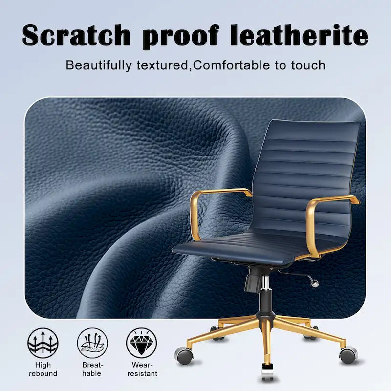 Chaise de bureau en similicuir côtelé avec structure chromée, accoudoirs en L et piètement pivotant – Gris / Blanc / Terre cuite / Vert / Marron / Noir / Bleu marine / Doré et bleu marine / Doré et noir / Doré et blanc, pour 1 personne