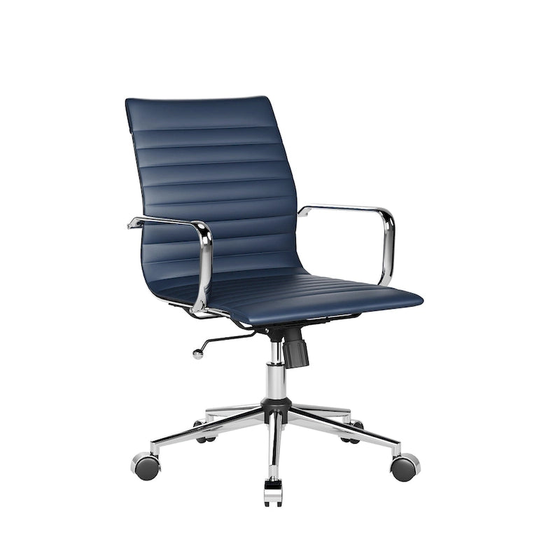 Chaise de bureau en similicuir côtelé avec structure chromée, accoudoirs en L et piètement pivotant – Gris / Blanc / Terre cuite / Vert / Marron / Noir / Bleu marine / Doré et bleu marine / Doré et noir / Doré et blanc, pour 1 personne