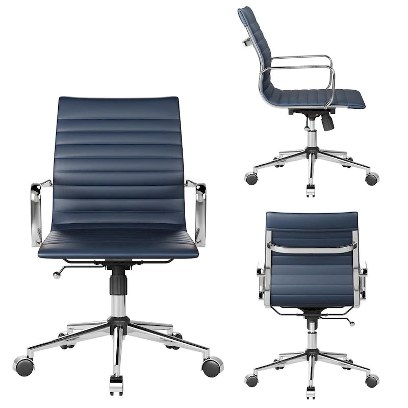 Chaise de bureau en similicuir côtelé avec structure chromée, accoudoirs en L et piètement pivotant – Gris / Blanc / Terre cuite / Vert / Marron / Noir / Bleu marine / Doré et bleu marine / Doré et noir / Doré et blanc, pour 1 personne