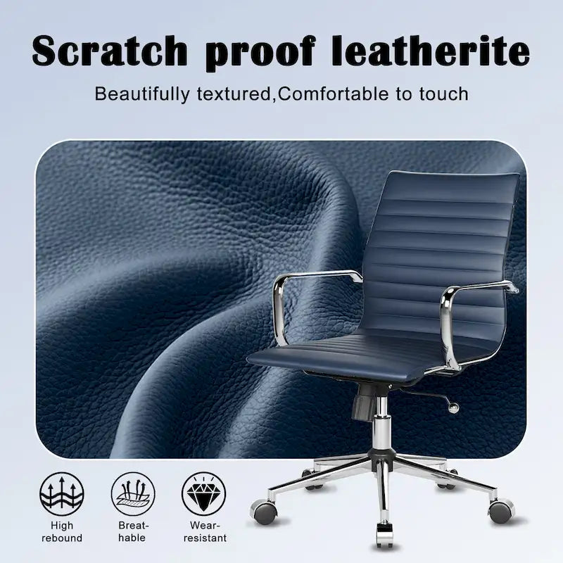 Chaise de bureau en similicuir côtelé avec structure chromée, accoudoirs en L et piètement pivotant – Gris / Blanc / Terre cuite / Vert / Marron / Noir / Bleu marine / Doré et bleu marine / Doré et noir / Doré et blanc, pour 1 personne