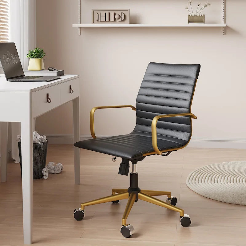 Chaise de bureau en similicuir côtelé avec structure chromée, accoudoirs en L et piètement pivotant – Gris / Blanc / Terre cuite / Vert / Marron / Noir / Bleu marine / Doré et bleu marine / Doré et noir / Doré et blanc, pour 1 personne
