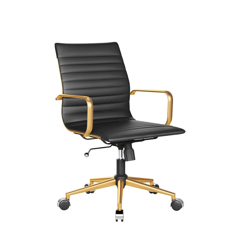 Chaise de bureau en similicuir côtelé avec structure chromée, accoudoirs en L et piètement pivotant – Gris / Blanc / Terre cuite / Vert / Marron / Noir / Bleu marine / Doré et bleu marine / Doré et noir / Doré et blanc, pour 1 personne