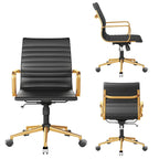 Chaise de bureau en similicuir côtelé avec structure chromée, accoudoirs en L et piètement pivotant – Gris / Blanc / Terre cuite / Vert / Marron / Noir / Bleu marine / Doré et bleu marine / Doré et noir / Doré et blanc, pour 1 personne