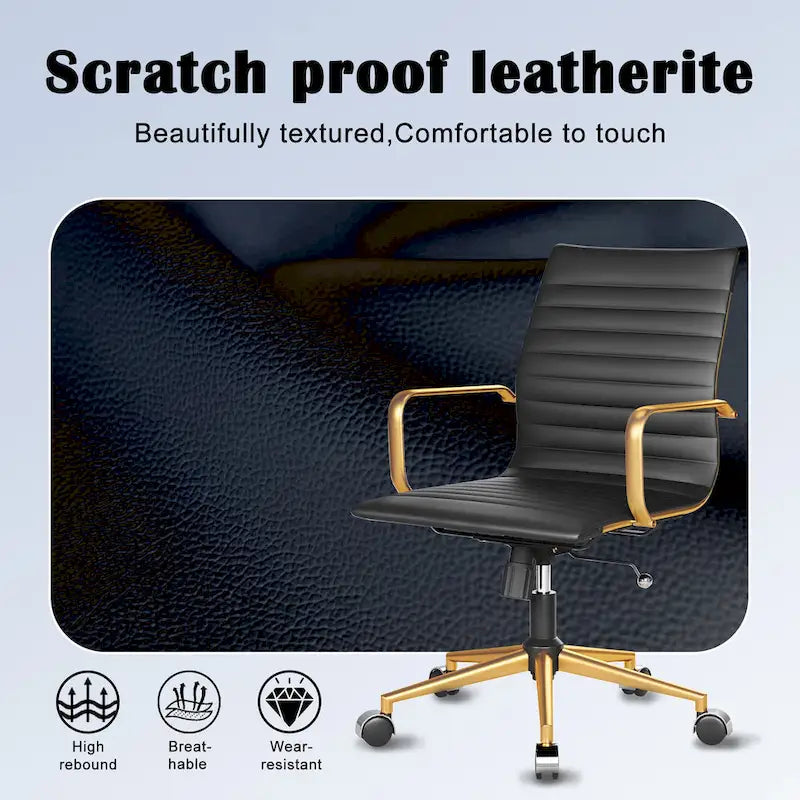 Chaise de bureau en similicuir côtelé avec structure chromée, accoudoirs en L et piètement pivotant – Gris / Blanc / Terre cuite / Vert / Marron / Noir / Bleu marine / Doré et bleu marine / Doré et noir / Doré et blanc, pour 1 personne