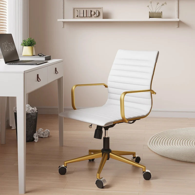 Chaise de bureau en similicuir côtelé avec structure chromée, accoudoirs en L et piètement pivotant – Gris / Blanc / Terre cuite / Vert / Marron / Noir / Bleu marine / Doré et bleu marine / Doré et noir / Doré et blanc, pour 1 personne