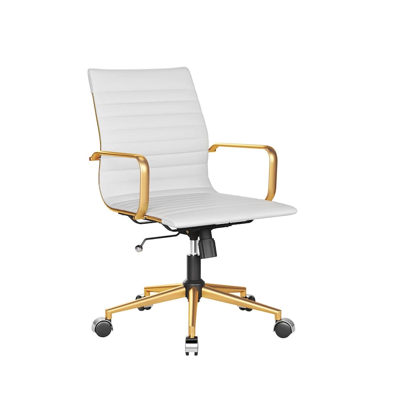 Chaise de bureau en similicuir côtelé avec structure chromée, accoudoirs en L et piètement pivotant – Gris / Blanc / Terre cuite / Vert / Marron / Noir / Bleu marine / Doré et bleu marine / Doré et noir / Doré et blanc, pour 1 personne