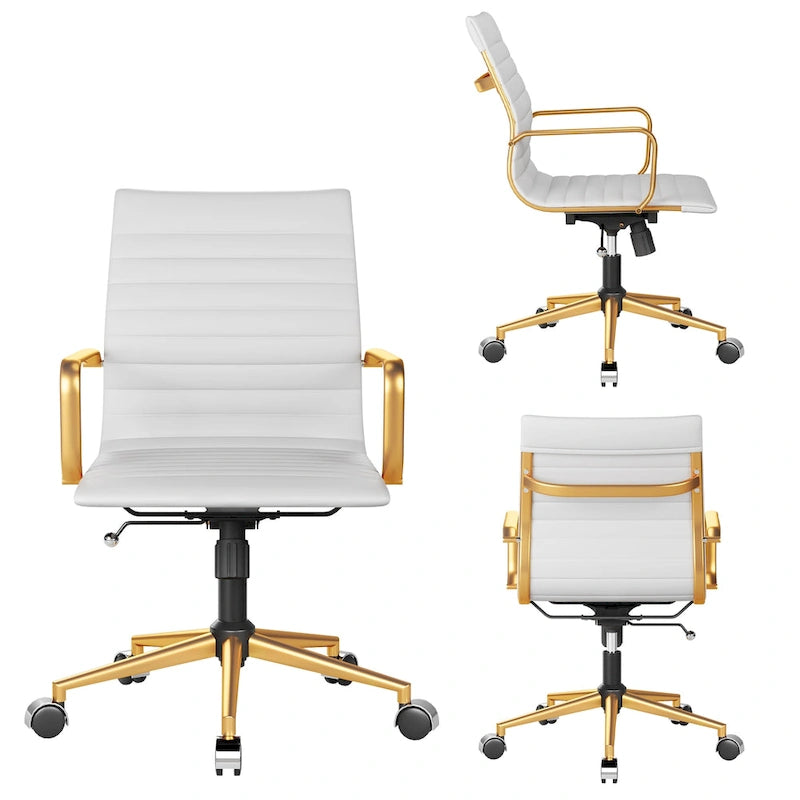 Chaise de bureau en similicuir côtelé avec structure chromée, accoudoirs en L et piètement pivotant – Gris / Blanc / Terre cuite / Vert / Marron / Noir / Bleu marine / Doré et bleu marine / Doré et noir / Doré et blanc, pour 1 personne
