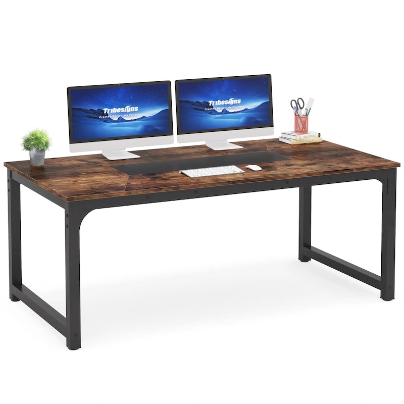 Grand bureau de 180 cm avec cadre en acier robuste et pieds réglables – Marron rustique / Noir, pour 1 personne