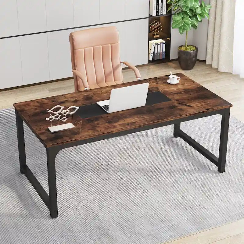 Grand bureau de 180 cm avec cadre en acier robuste et pieds réglables – Marron rustique / Noir, pour 1 personne